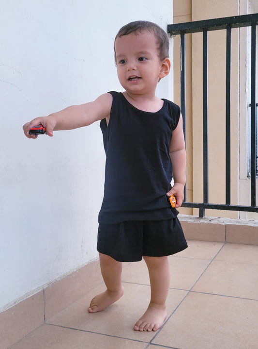 Unisex - Black- Relaxed Fit, Lightweight & Super Soft Sleeveless Cotton T shirt cum vest and matching shorts for Kids