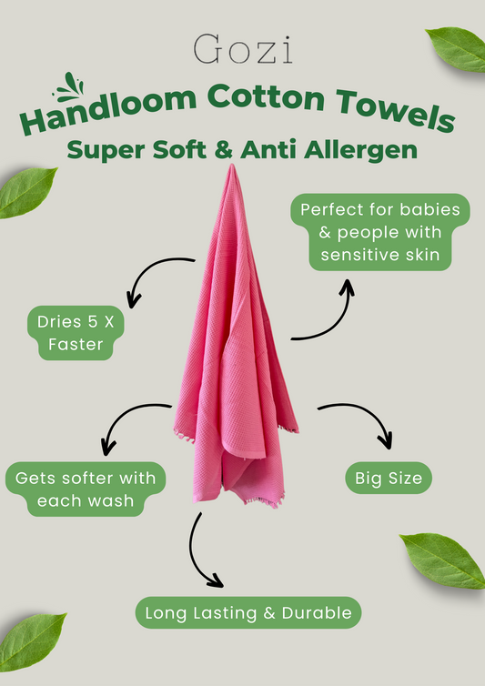 Handcrafted Cotton Bath Towel Pink - Lightweight, Soft & Luxurious - Eco-Friendly Bathroom Must-Haves by Gozi