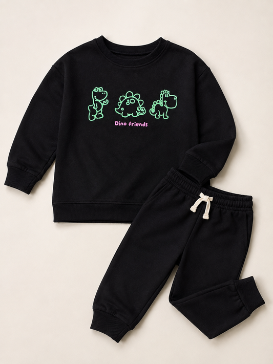 Dino Kids Sweatshirt & Jogger Set – 240 GSM French Terry (Black)