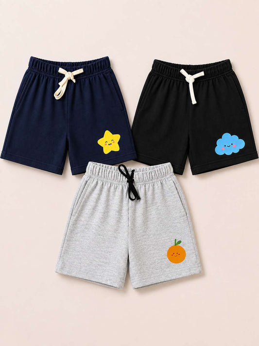 Printed Kids Shorts Pack of 3 – Black, Navy & Grey | French Terry