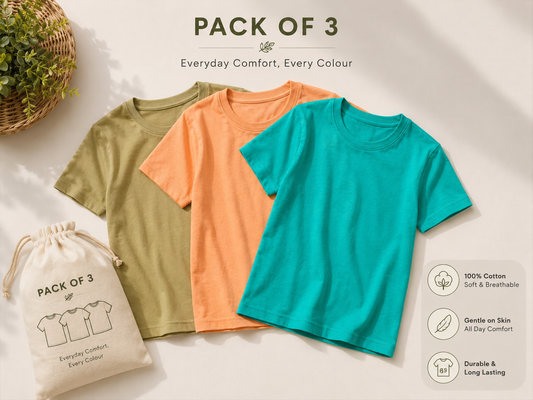 Pack of 3 Red Label Cotton T-shirts – Olive-mint-Papaya