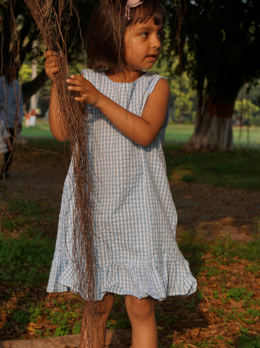 Gingham Ruffle Dress - Blue