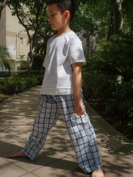 Blue Check Cotton Lounge Pants for Kids – Gozi