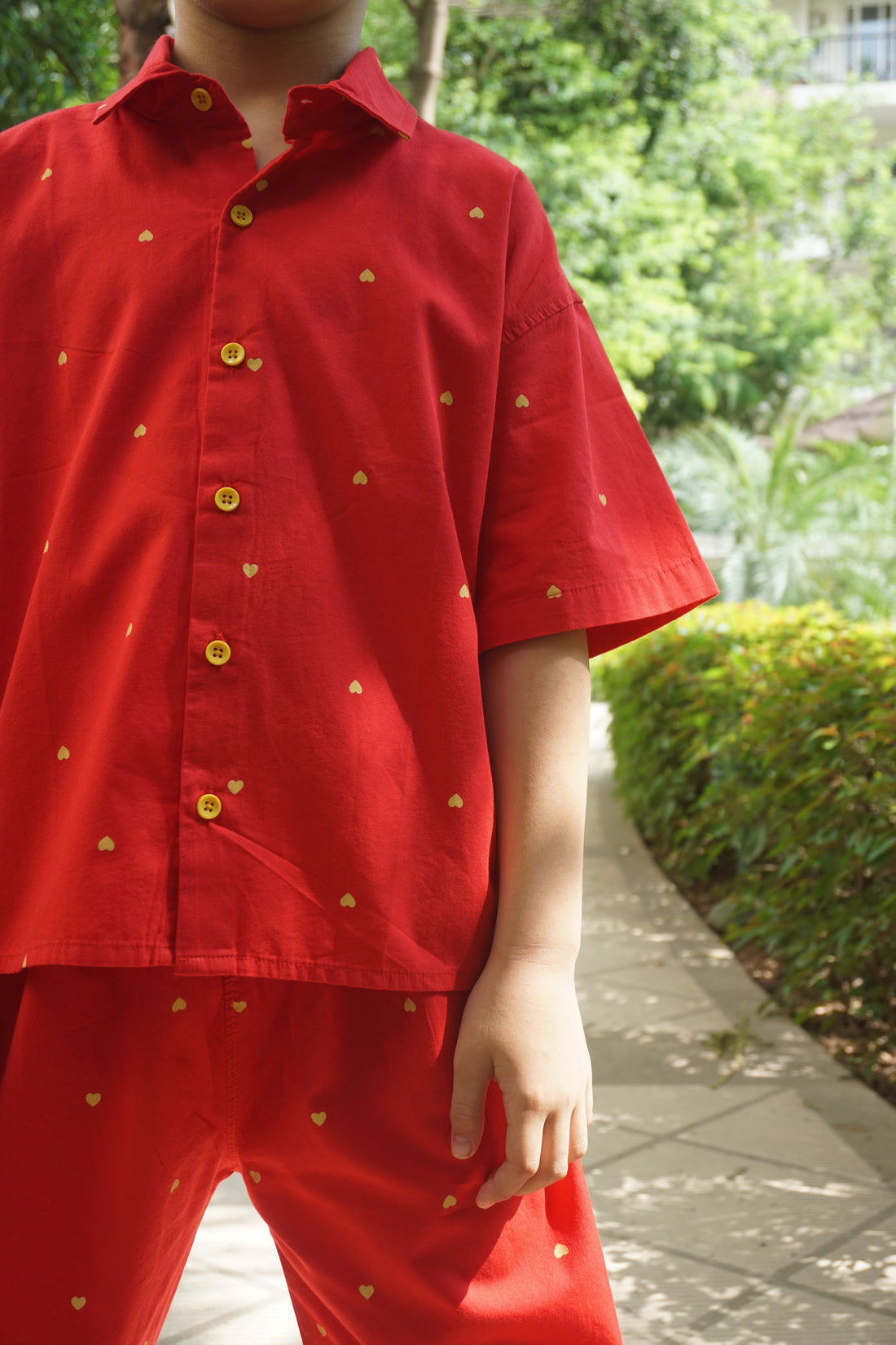 Scarlet red heart print cotton shirt and pants set by Gozi, a comfortable party wear dress for boys