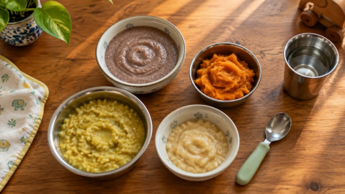 Bowls of homemade first foods for an Indian baby: moong dal khichdi, ragi porridge, mashed sweet potato and mashed banana on a wooden table