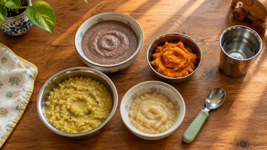 Bowls of homemade first foods for an Indian baby: moong dal khichdi, ragi porridge, mashed sweet potato and mashed banana on a wooden table