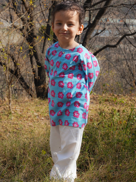 Traditional dress for boys: Wild Dahlia blue printed cotton kurta pajama set by Gozi