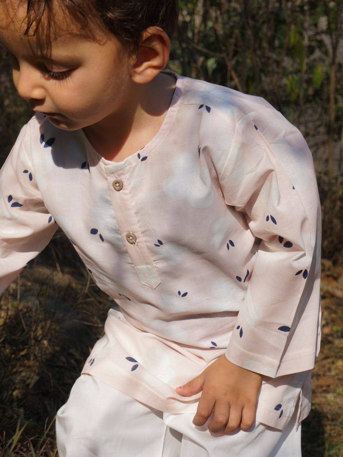 Child wearing the Gozi Soft Rose pure cotton kurta pajama for Diwali