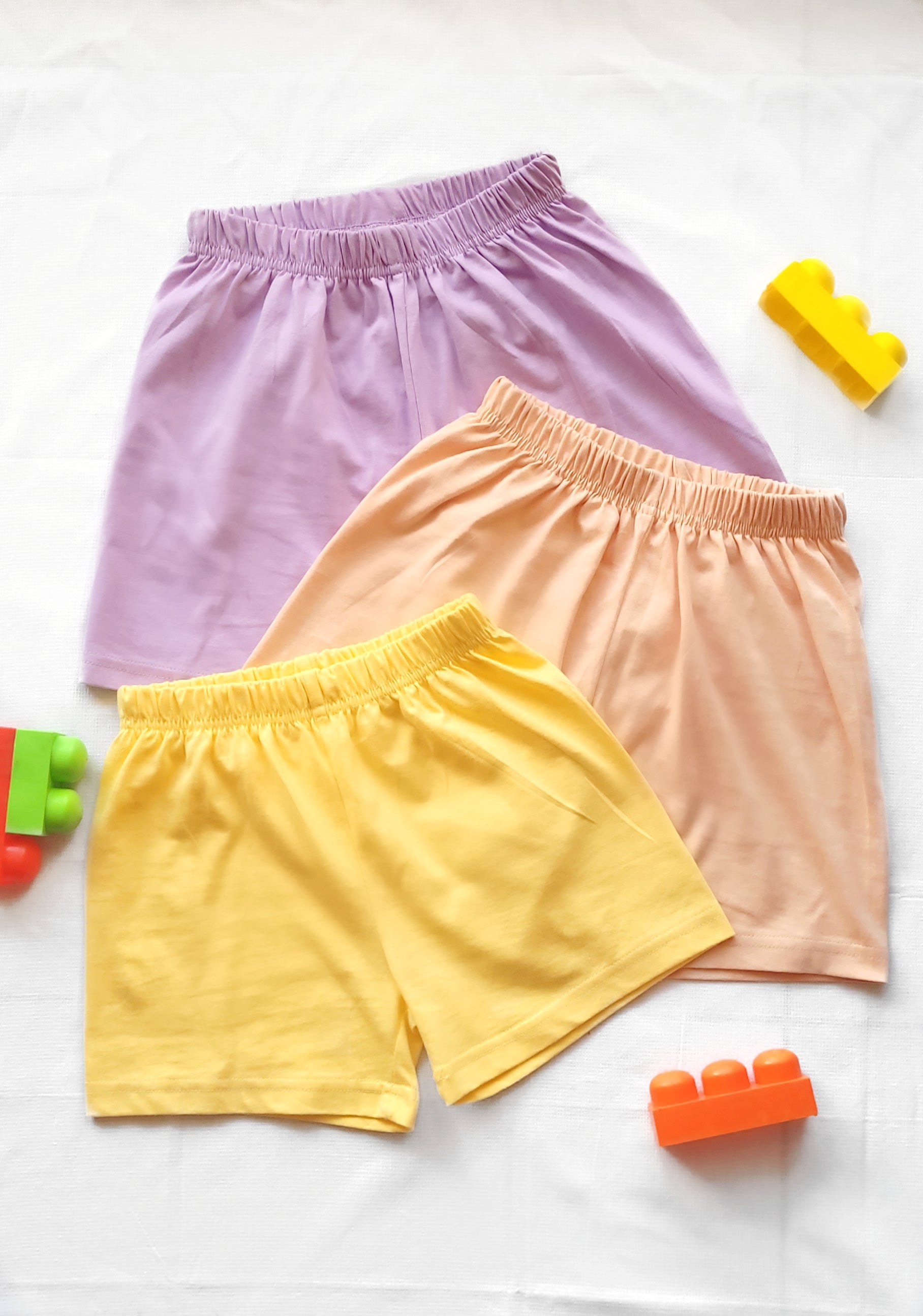 Lavender, Coral & Light Yellow - Pack of 3 Super Soft Cotton Shorts For Baby Boys and Girls