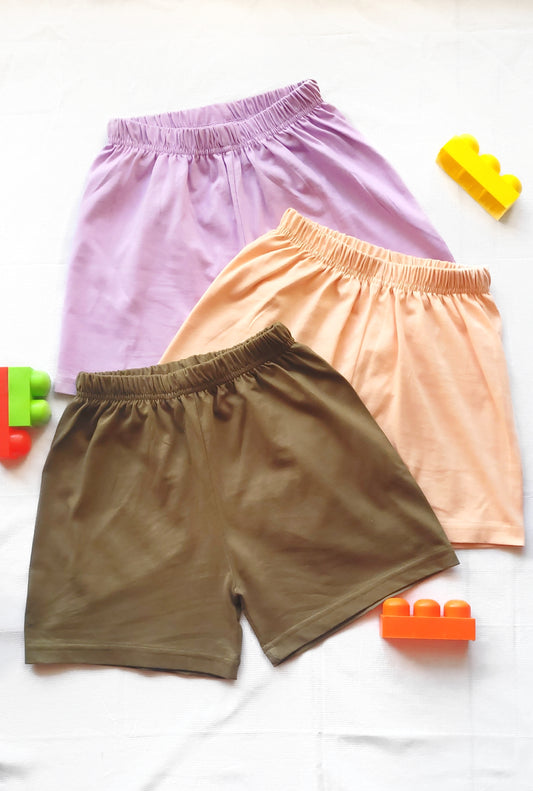 Coral, Dark Olive & Lavender - Pack of 3 Super Soft Cotton Shorts For Baby Boys and Girls