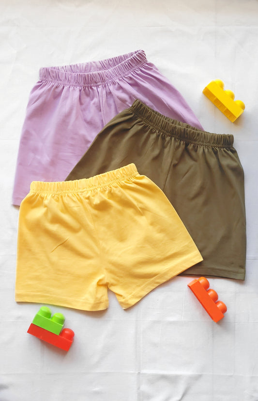 Lavender, Dark Olive & Light Yellow - Pack of 3 Super Soft Cotton Shorts For For Baby Boys and Girls