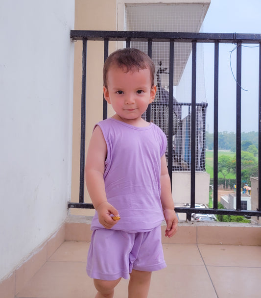 Sleeveless Cotton T shirt Plus Matching Shorts Set for Kids - Lavender