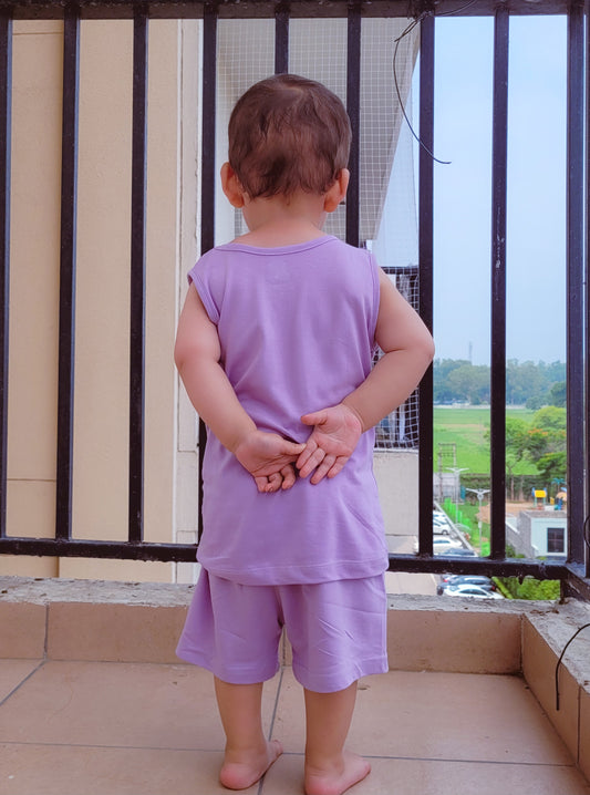 Sleeveless Cotton T shirt Plus Matching Shorts Set for Kids - Lavender