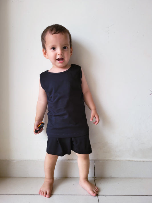 Unisex - Black- Relaxed Fit, Lightweight & Super Soft Sleeveless Cotton T shirt cum vest and matching shorts for Kids- Size: 1-6 Y - Gozi