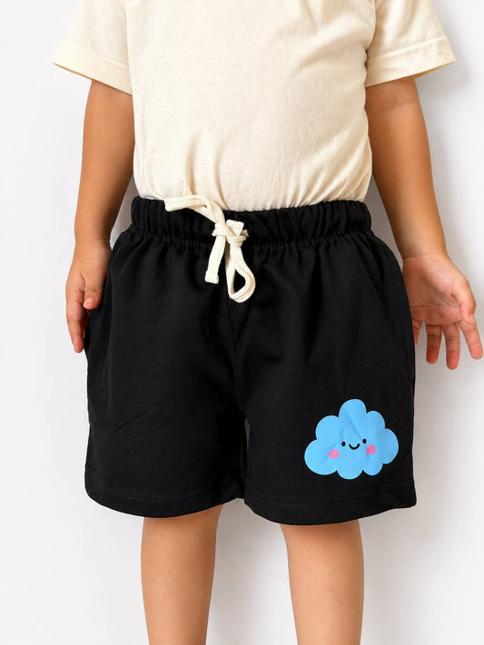 Cloud Print Black Kids Shorts – 240 GSM Cotton French Terry