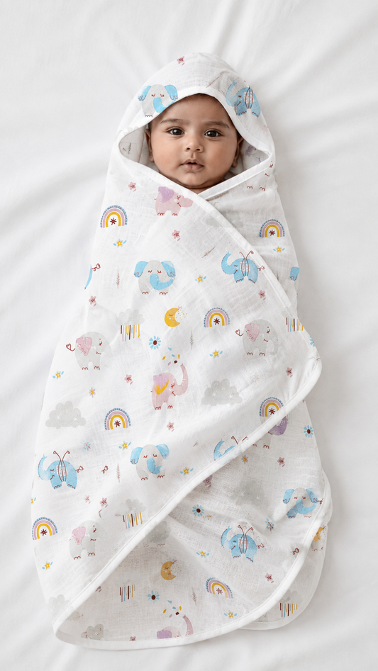 Elephant Dreams — 2-Layer Organic Muslin Hooded Bath Towel