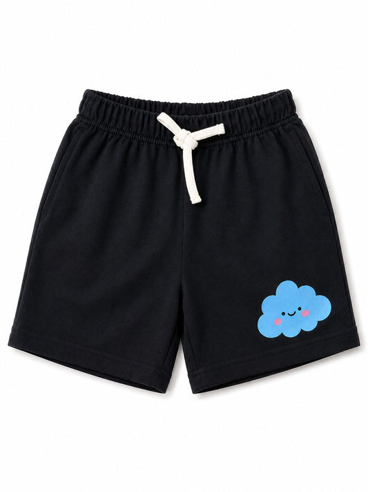 Cloud Print Black Kids Shorts – 240 GSM Cotton French Terry