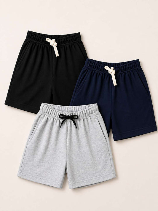 Kids Shorts Pack of 3 – Black, Navy & Grey | 240 GSM French Terry
