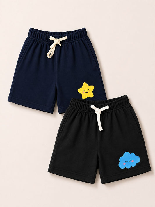 Printed Kids Shorts Pack of 2 – Black & Navy | 240 GSM French Terry