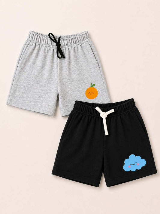 Printed Kids Shorts Pack of 2 – Black & Grey | 240 GSM French Terry