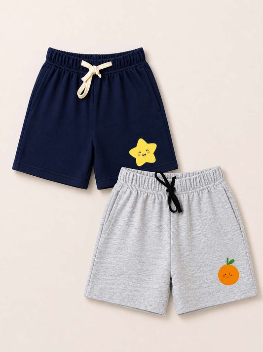 Printed Kids Shorts Pack of 2 – Navy & Grey | 240 GSM French Terry
