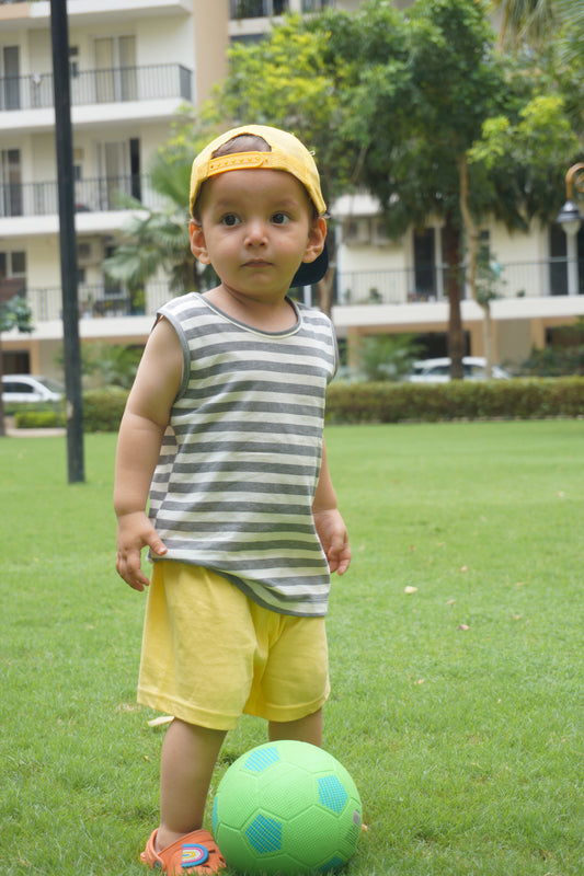 Sleeveless Cotton T shirt Plus Matching Shorts Set for Kids - Big Grey T Shirt Plus Yellow shorts