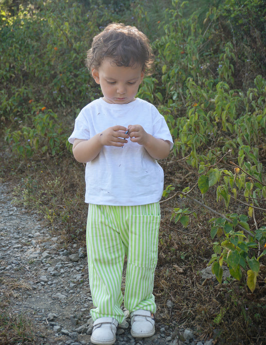 Neon Green Striped Pants With Pocket For Boys & Girls