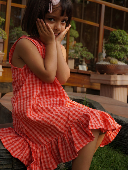 Gingham Ruffle Dress - Red