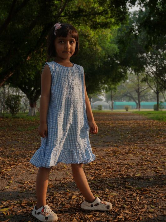 Gingham Ruffle Dress - Blue