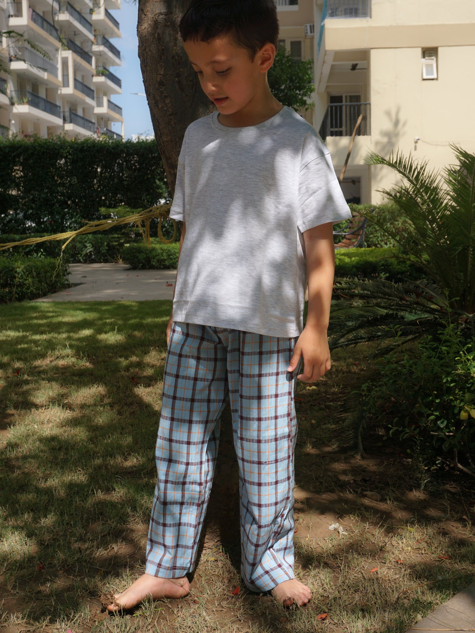 Blue Check Cotton Lounge Pants for Kids – Gozi