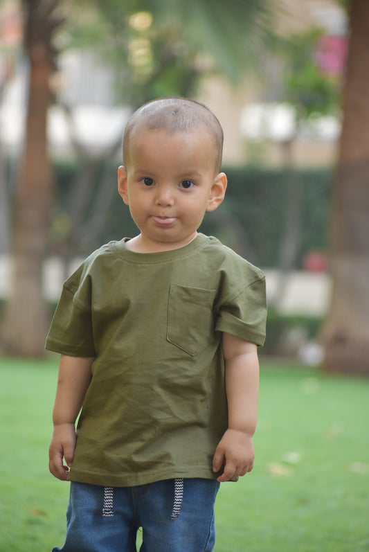 Dark Olive  - Relaxed Fit, Lightweight, Super Soft Cotton T shirt For Baby Boys and Girls