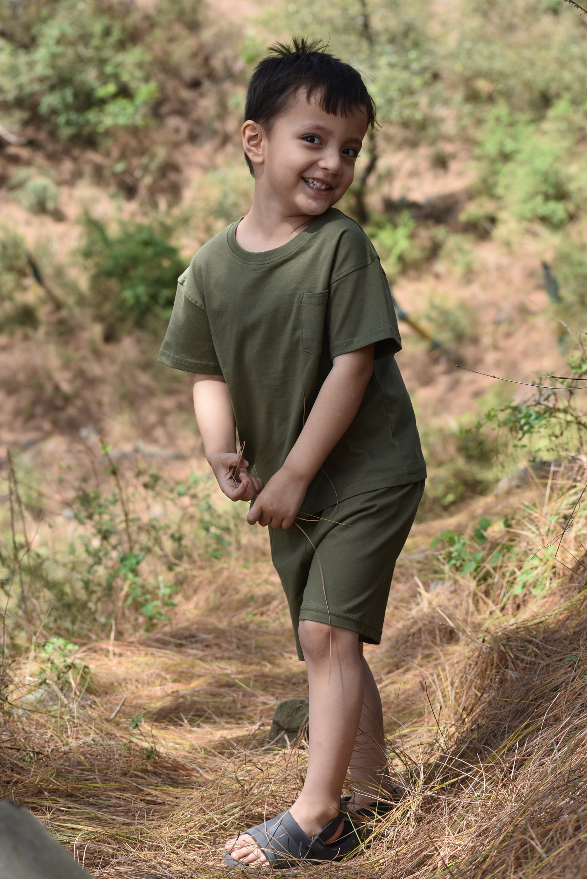 Boys - Dark Olive - Biowashed Super Soft Cotton T shirt- Size: 1-6 Y - Gozi