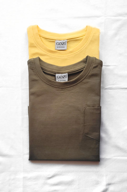 Light Yellow & Dark Olive - Pack of 2 Super Soft Cotton T shirts For Baby Boys and Girls