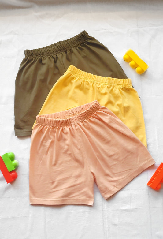 Coral, Dark Olive & Light Yellow - Pack of 3 Relaxed Fit, Lightweight & Low Crotch Biowashed Super Soft Cotton Shorts For Kids- Size: 1-6 Y - Gozi